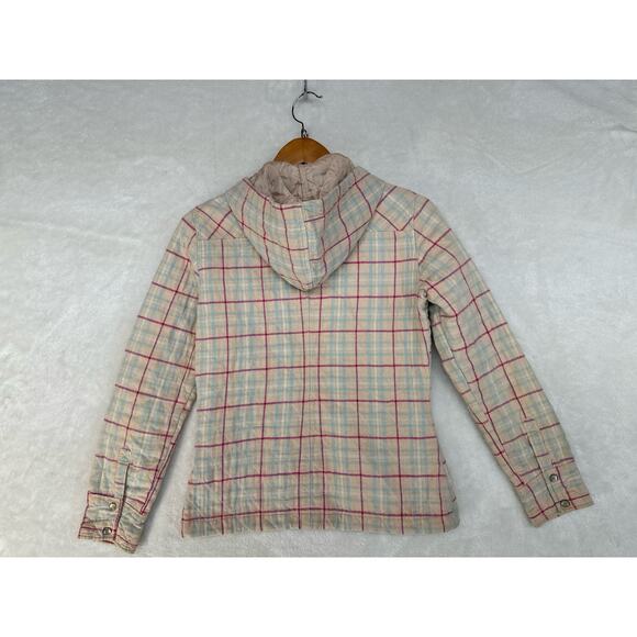 Quilted Plaid Shacket Jacket Womens Medium Pearl Snaps Western Hooded Peach‎ - Picture 4 of 14